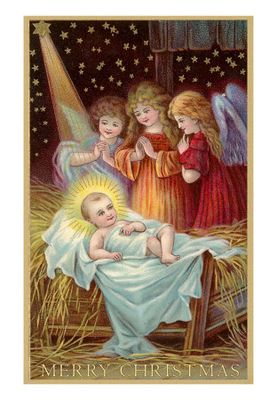 merry christmas angels admiring baby jesus posters
